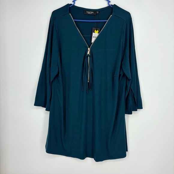 Arna York Womens Size 20 Zip Front Pullover Blouse Teal Blue Gold Tone 3/4 Sleev - Picture 2 of 10